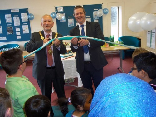 The Mayor of Cambridge, Councillor Paul Saunders, opens the Cherry Hinton Library Community Hub at the start of the 2013 Festival.